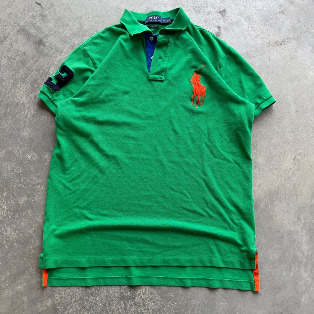 Polo Ralph Lauren Mens Green Big Pony Custom Fit Polo Shirt Large L Orange Logo